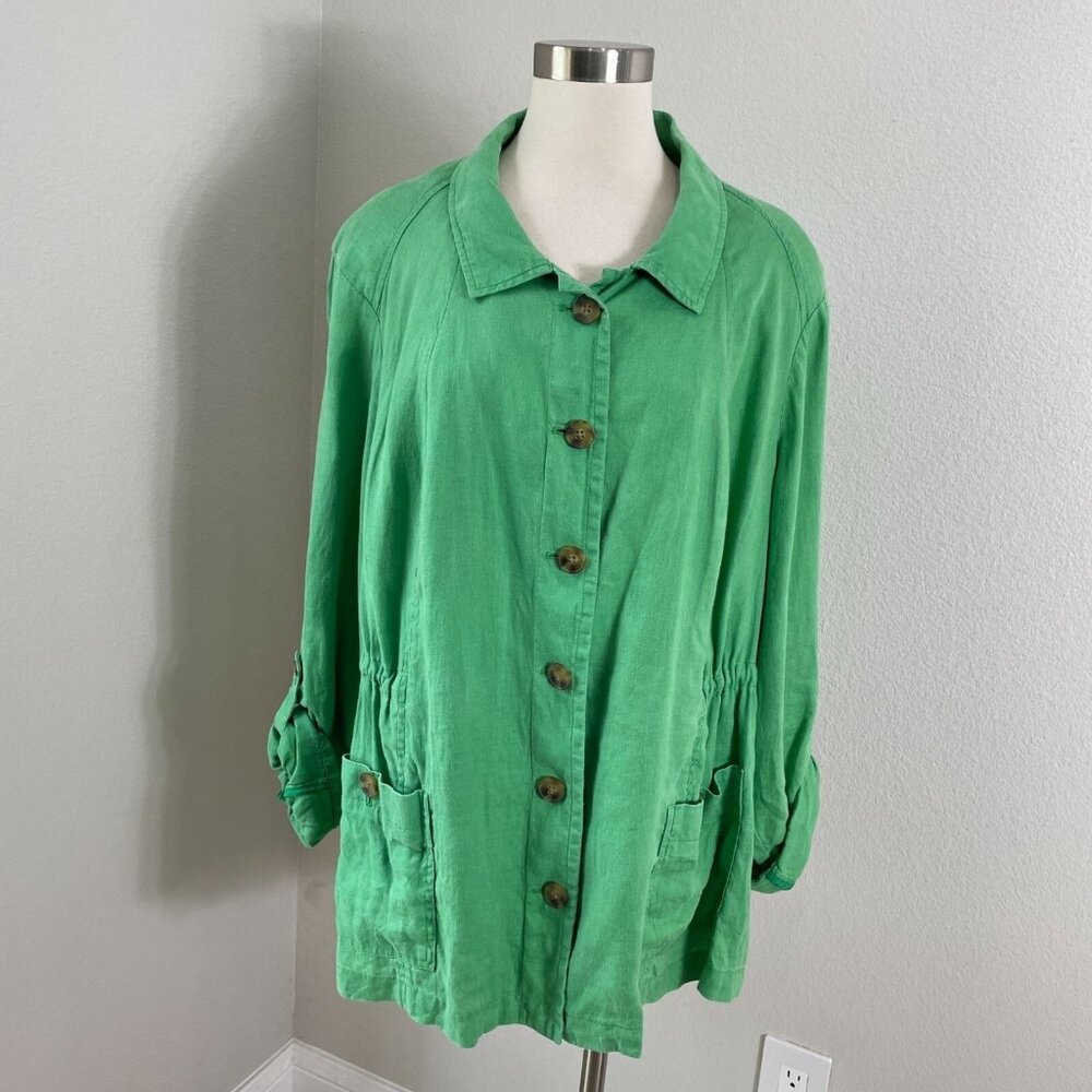 Coldwater Creek Womens Plus 24 Green 100% Linen Button Up Jacket Roll Tab Sleeve